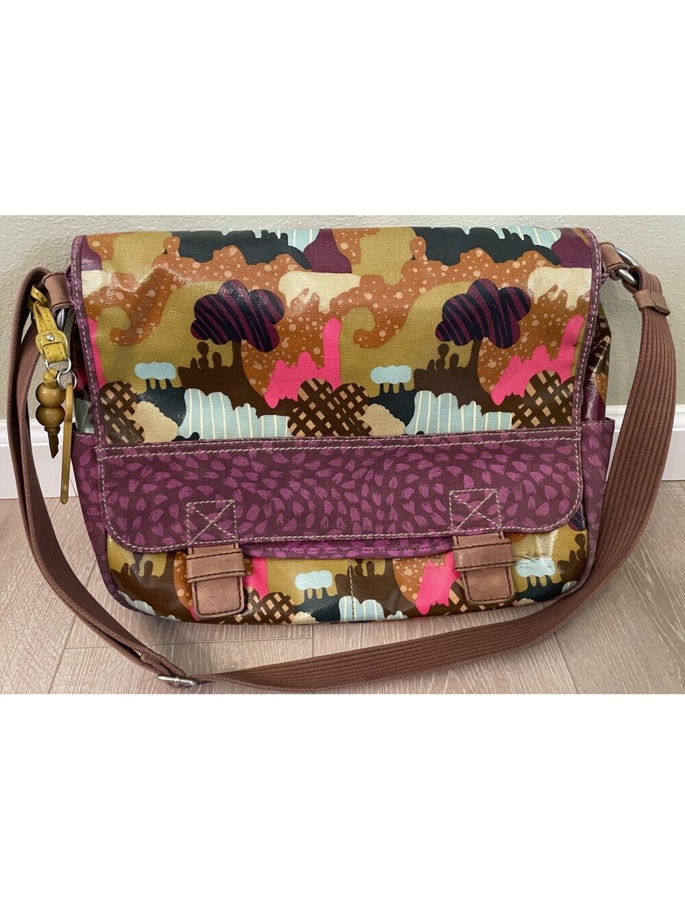 Vintage Fossil Key Per Mod Floral Print Coated Canvas Laptop Messenger Bag
